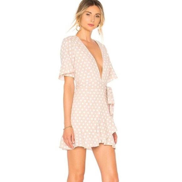 Majorelle Portia Mini Wrap Dress Side-Tie Short Sleeve Taupe Polka Dot Ruffled S - Picture 3 of 13